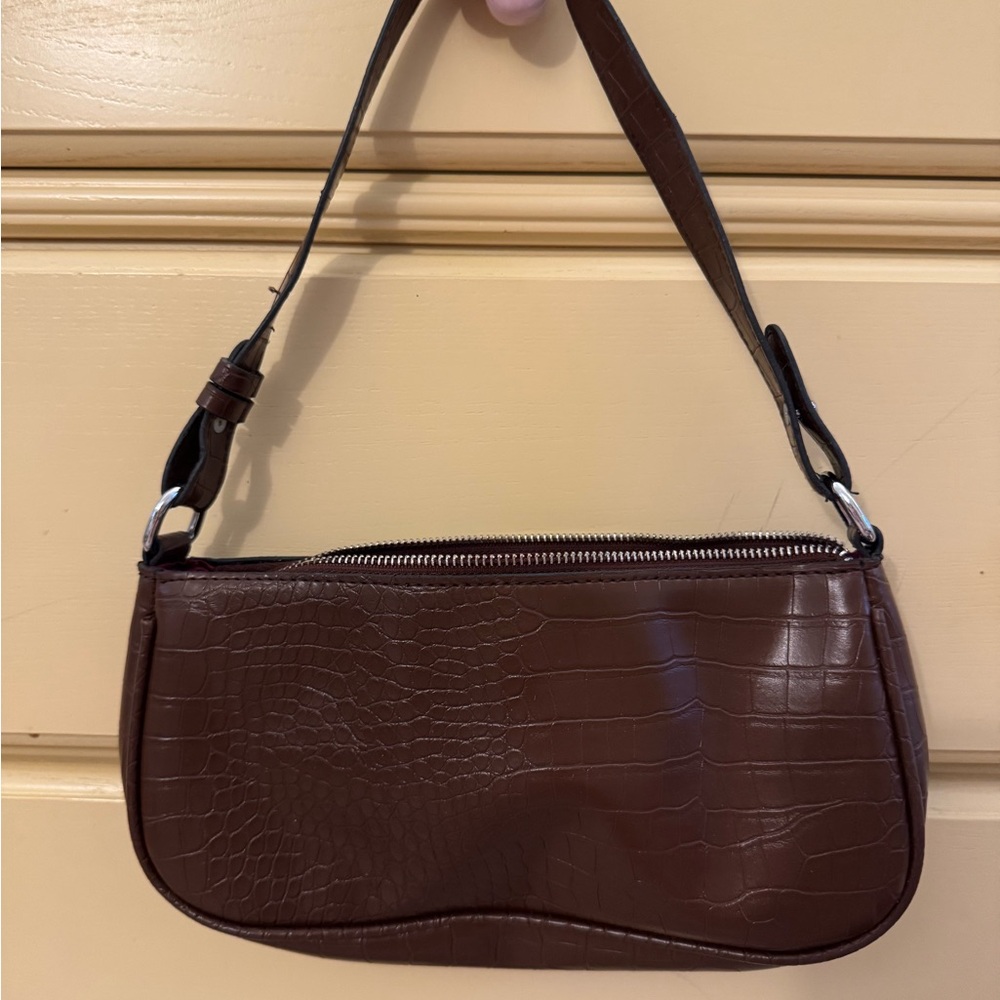 Brown Crocodile-Embossed Shoulder Bag